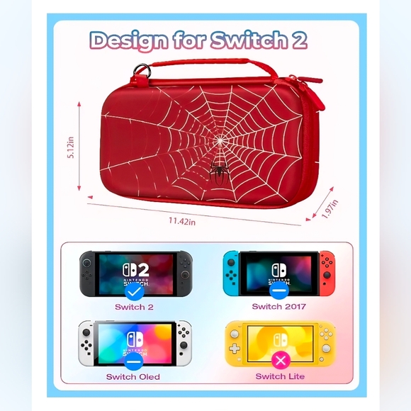 Nintendo Switch 2 Carrying Case - Red Cute Kawaii Design with Handle and Strap - Picture 6 of 9